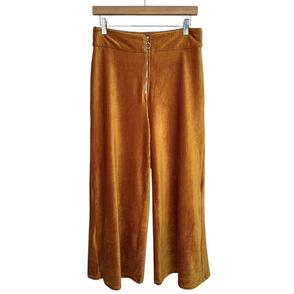 Candies Women Velour Pant Small Brown Wide Leg Crop Stretch Y2K 70s Boho Zipper - Picture 1 of 16